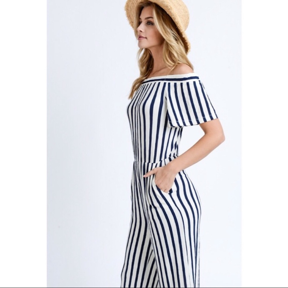 Navy & White Striped Off Shoulder Jumpsuit S M L - Picture 3 of 8